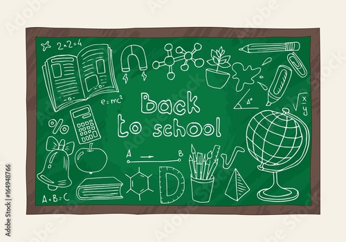 Vector illustration of a blackboard with doodle drawings. Back to school chalk inscription on a green background.