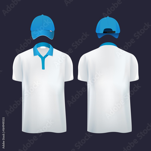 Baseball caps and casual t shirt polo in different sides. Vector illustrations
