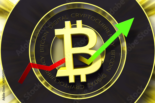 Bitcoin sign. New trading concept of crypto currency with arrow pointing up. Fintech Investment. photo