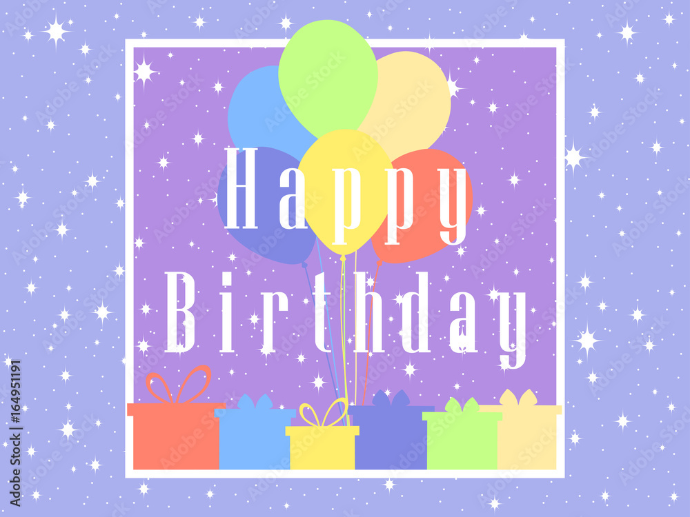 Happy Birthday card celebration banner. Balloons and gifts. Vector illustration