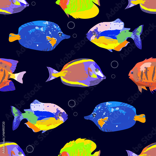 Seamless cute pattern with tropical fish