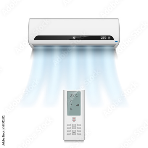 Realistic air conditioner isolated on white with cold air symbols. Modern air conditioner with remote control vector illustration