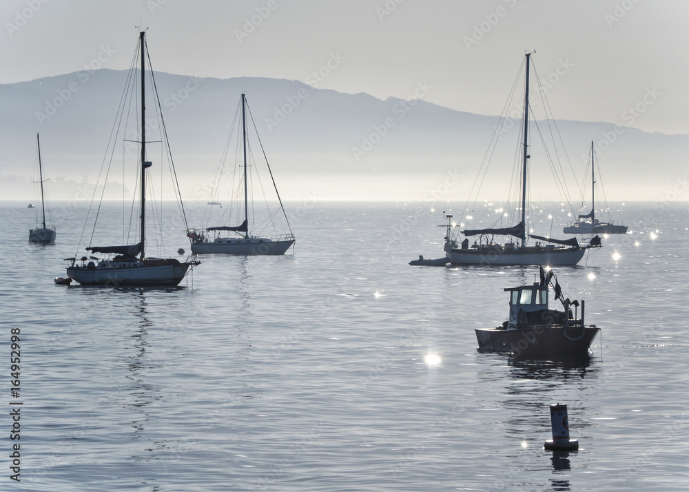 Yachts anchored off Santa Barbara beach