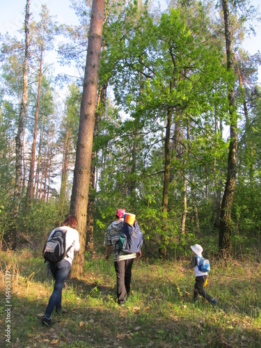 The family goes on a picnic and hiking with backpacks towards the green forest in summer photo