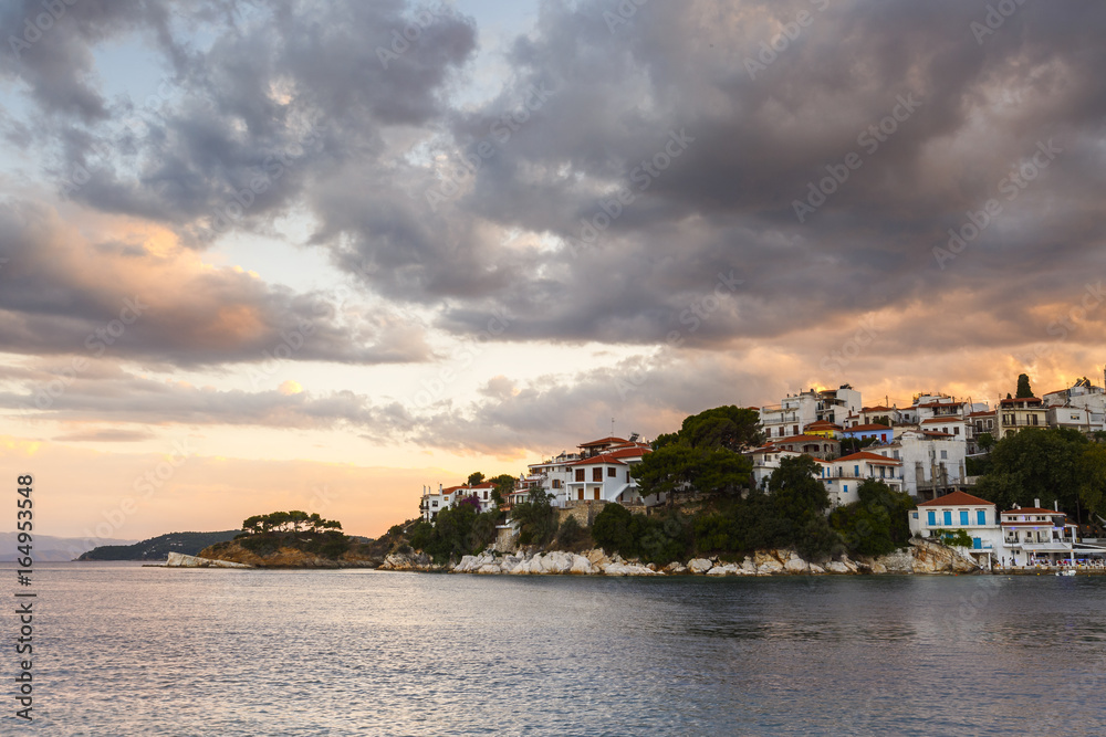 Evening view of Skiathos town in Sporades, Greece.
