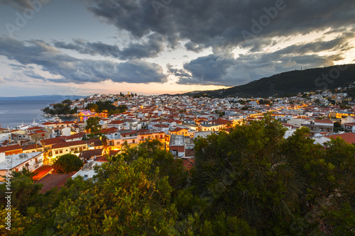Evening view of Skiathos town and its harbor, Greece. 