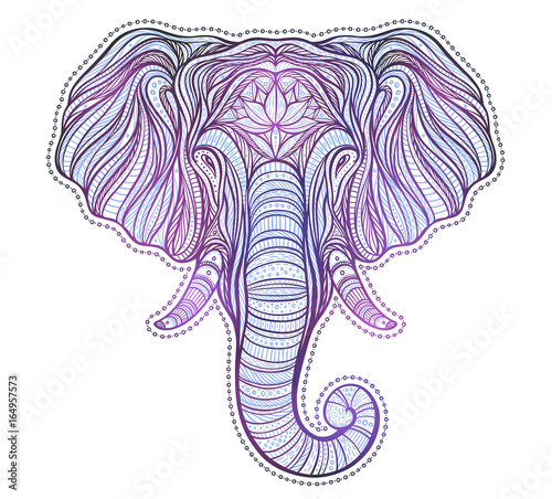 Stylized ethnic boho elephant portrait isolated on white background. Decorative hand drawn doodle vector illustration. Perfect for postcard, poster, print, greeting card, t-shirt, phone case design