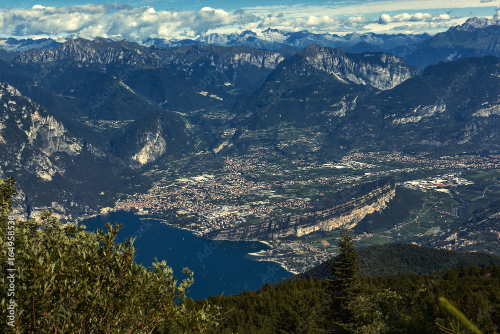 Panorama of the gorgeous Lake Garda surrounded by mountains in Riva del Garda, Garda Lake aerial view, italy