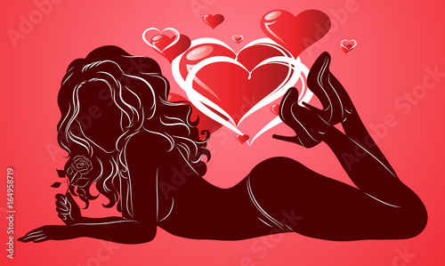 Silhouette of young sexy girl with a rose in her hand. Stylish vector illustration of fashion and beauty