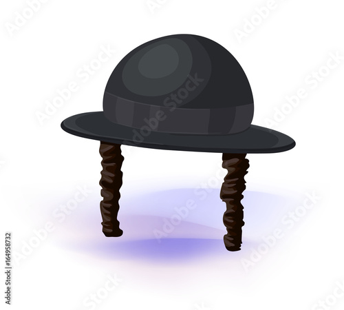 black cylinder hat. Orthodox jewish hat with sideburns. Judaism symbols Vector illustration .Masquerade or carnival costume headdress