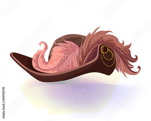 Musketeer or pirate vintage hat with feather isolated on white background. Vector illustration .Masquerade or carnival costume headdress