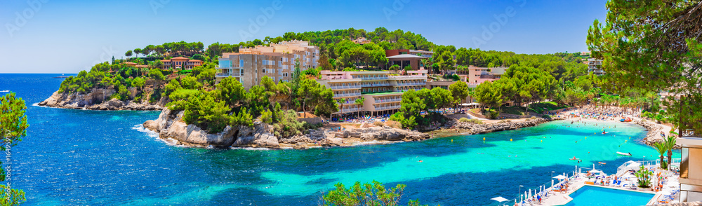 Majorca Spain, panorama view of the beach Cala Vinyes, beautiful seaside Mediterranean Sea, Balearic Islands