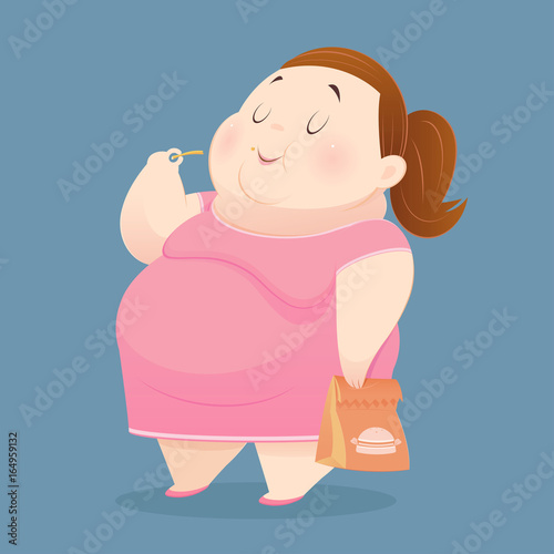 The fat woman is enjoy eating many junk foods. Overweight people taste fast food. Concept with Cartoon and Vector