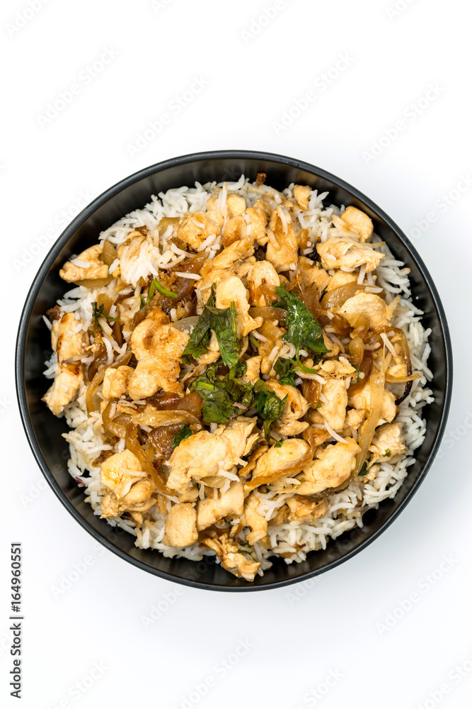 Rice and chicken on white plate