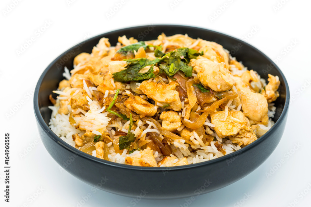 Rice and chicken on white plate Rice and chicken on white plate