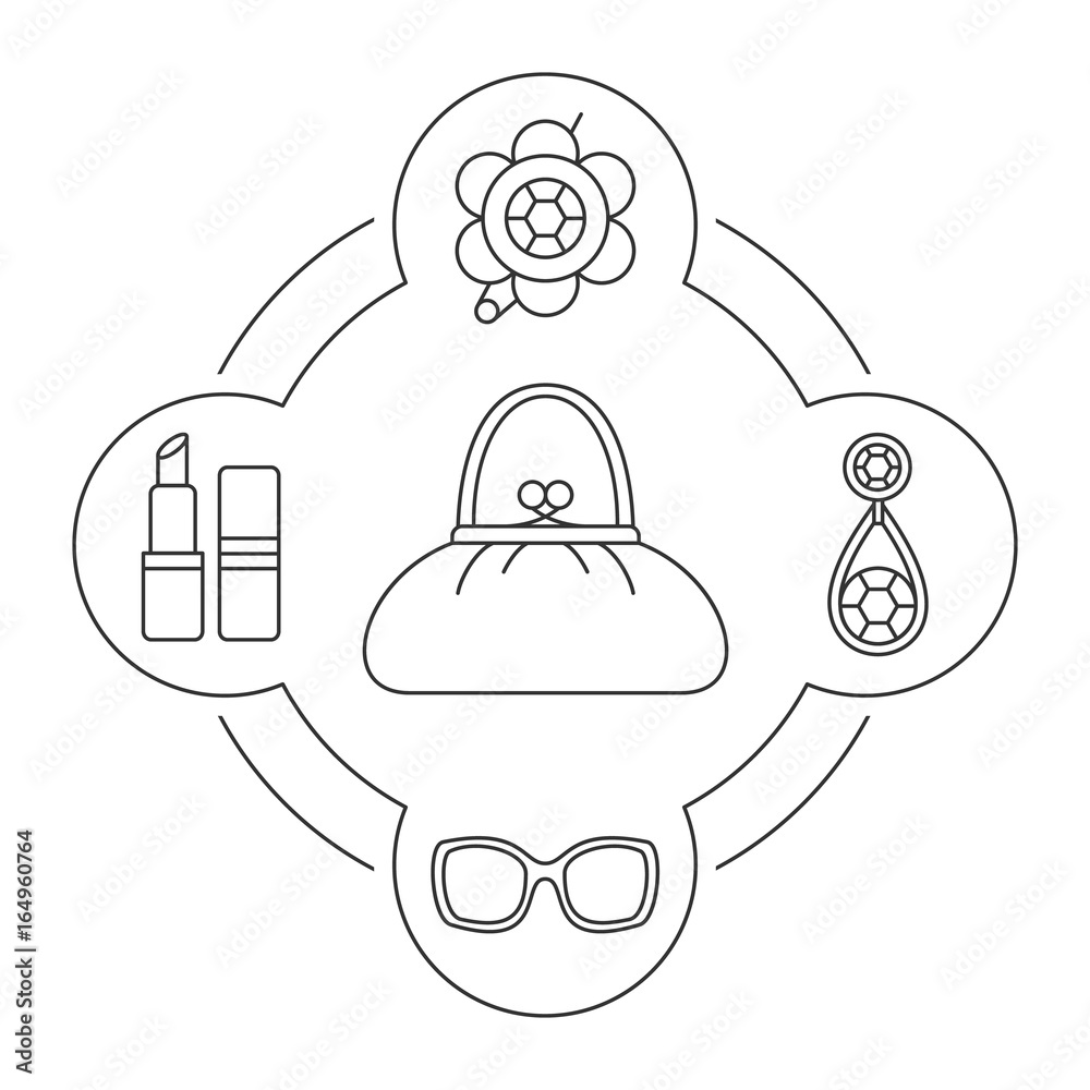 Obraz premium Woman's purse contents linear icons set