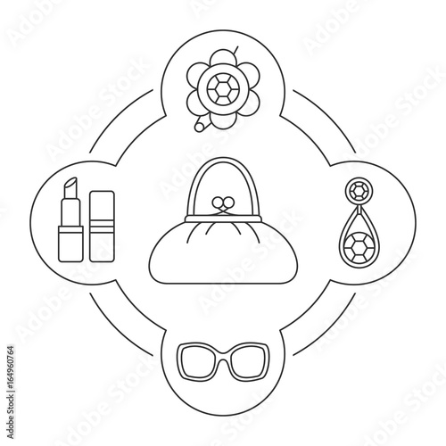 Woman's purse contents linear icons set