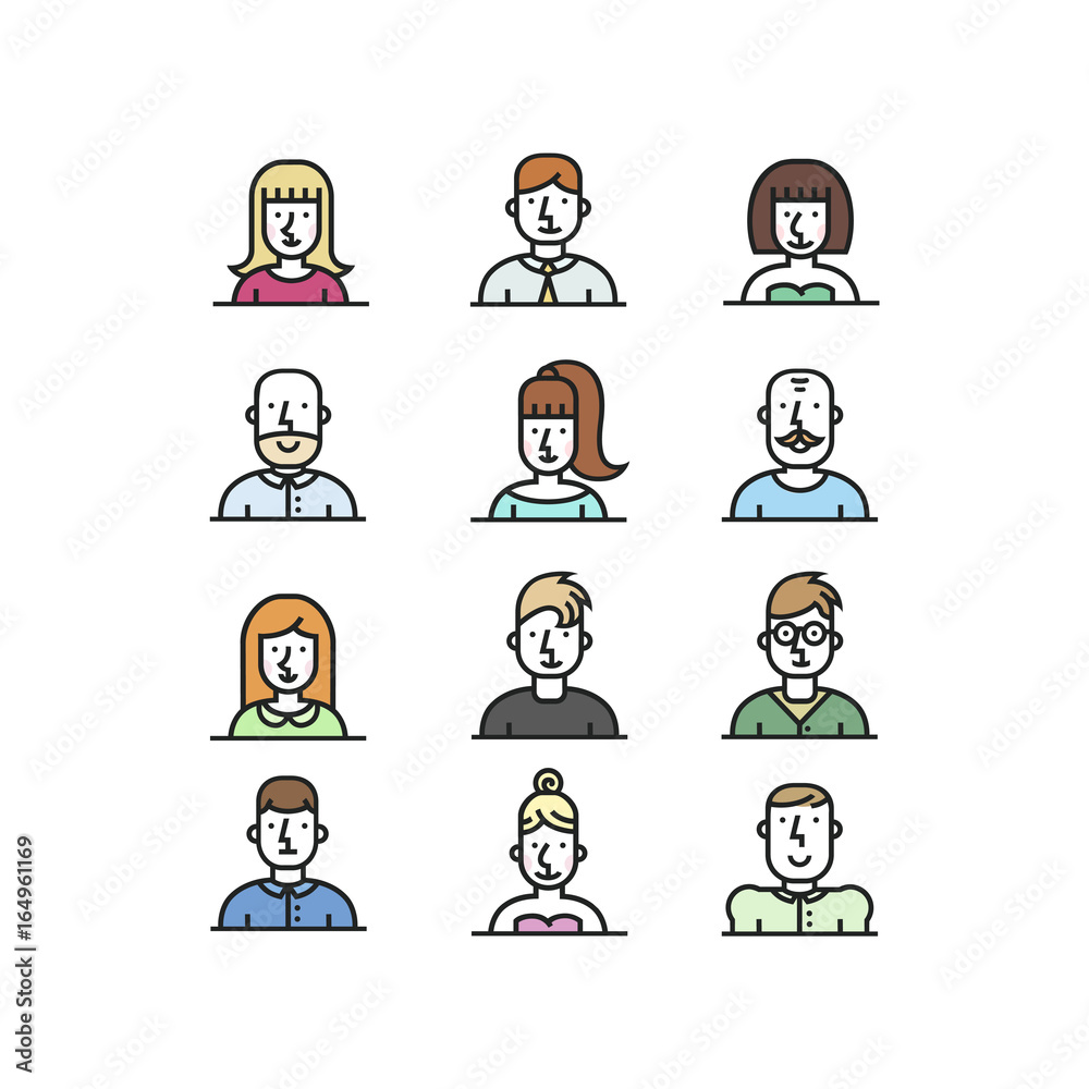 People avatar line style icons set on white background.