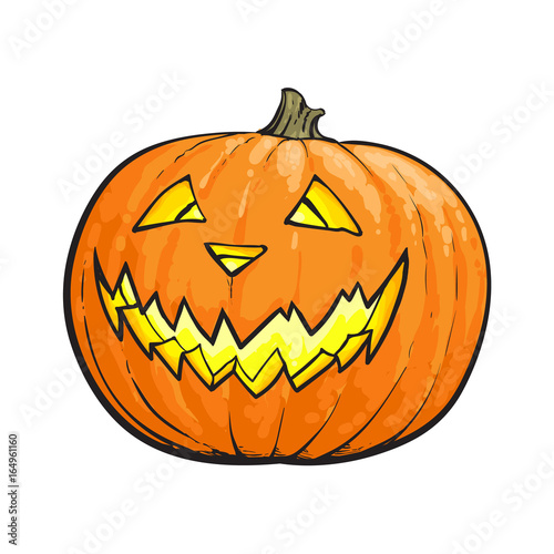 Jack o lantern, ripe orange pumpkin with carved scary face , traditional Halloween symbol, sketch vector illustration isolated on white background. Hand drawn Halloween pumpkin, jack o lantern