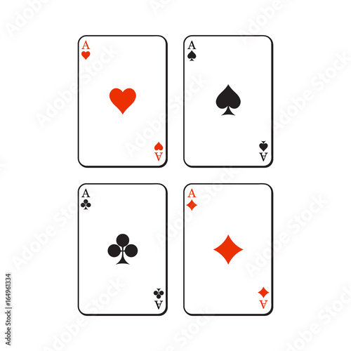 Set of hearts, spades, clubs and diamonds ace playing cards, sketch vector illustration isolated on white background. Set of playing cards, ace of all four suits - hearts, spades, clubs and diamonds