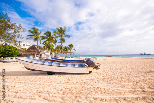 View of the sandy beach in Punta Cana, La Altagracia, Dominican Republic. Copy space for text.