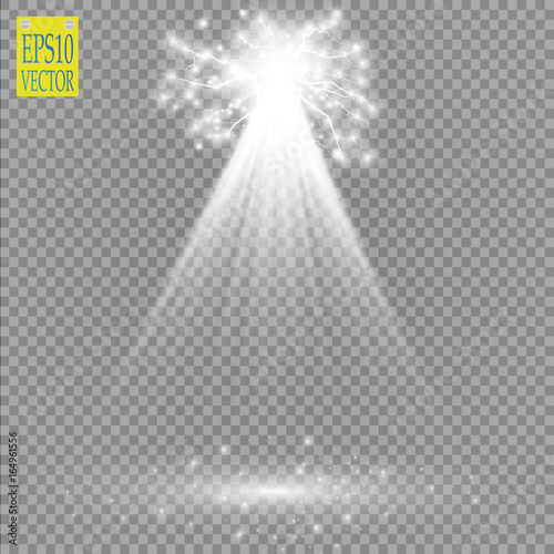 Vector white transparent energy spotlight scene with lightning background. Abstract light effect power modern design