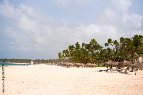 View of the sandy beach in Punta Cana, La Altagracia, Dominican Republic. Copy space for text.