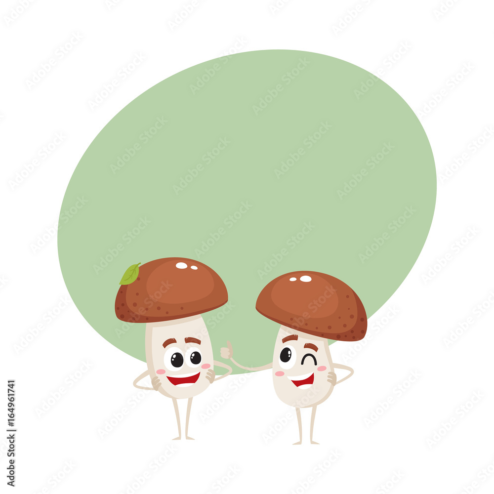 Two funny porcini mushroom characters, one showing thumb up, another looking with arms akimbo, cartoon vector illustration with space for text. Couple of porcini mushroom characters