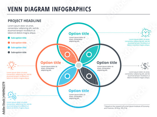 Venn diagram with 4 circles infographics template design. Vector overlapping shapes for set or logic graphic illustration.