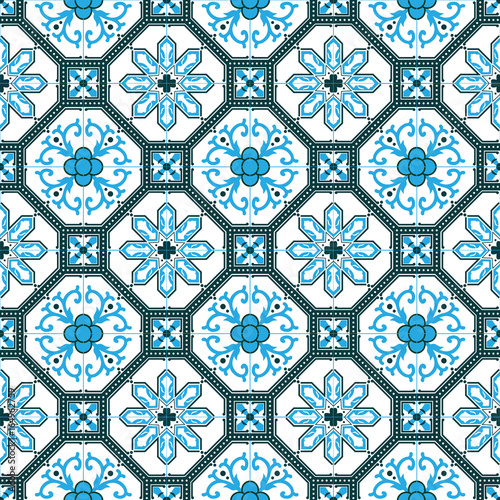 Portuguese traditional ornate azulejo, seamless vector pattern in blue and white colors