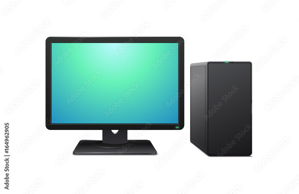 Black computer with monitor on white background Black computer with monitor on white background