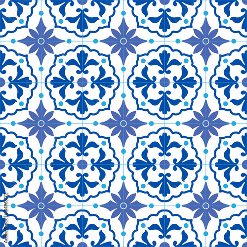 Portuguese traditional ornate azulejo, seamless vector pattern in blue and white colors