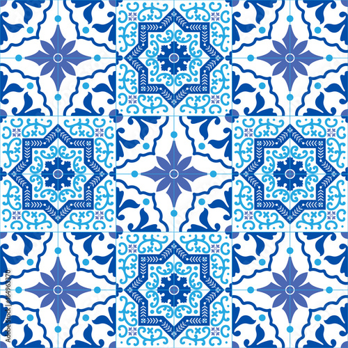 Portuguese traditional ornate azulejo, seamless vector pattern in blue and white colors