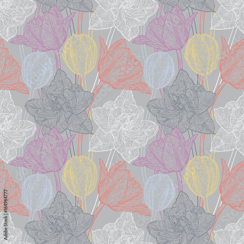 Hand drawn vector illustration Seamless pattern with decorative doodle tulips hand drawn in lines. Vector illustration © irenemuse