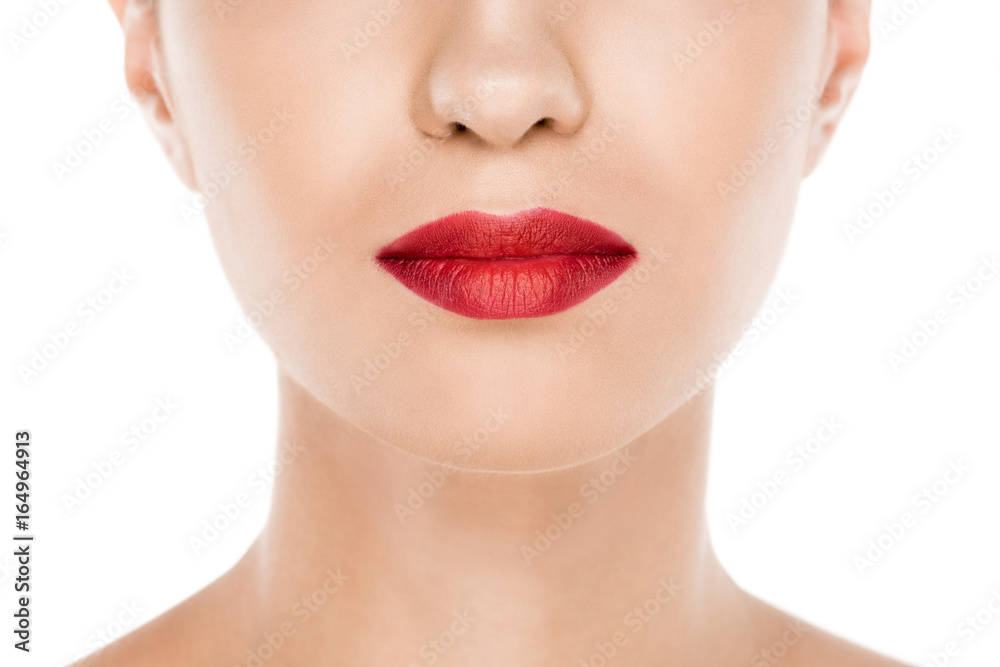 Obraz premium cropped view of beautiful woman with perfect skin and red lips, isolated on white