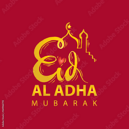 Eid al adha hand lettering calligraphy with mosque. photo