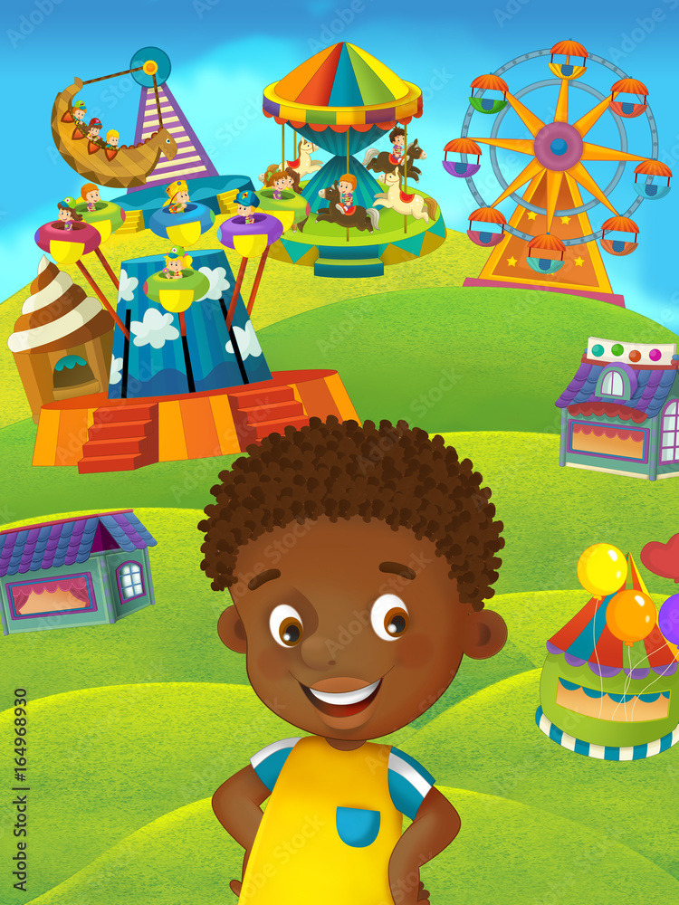 Cartoon scene with young boy in the playground