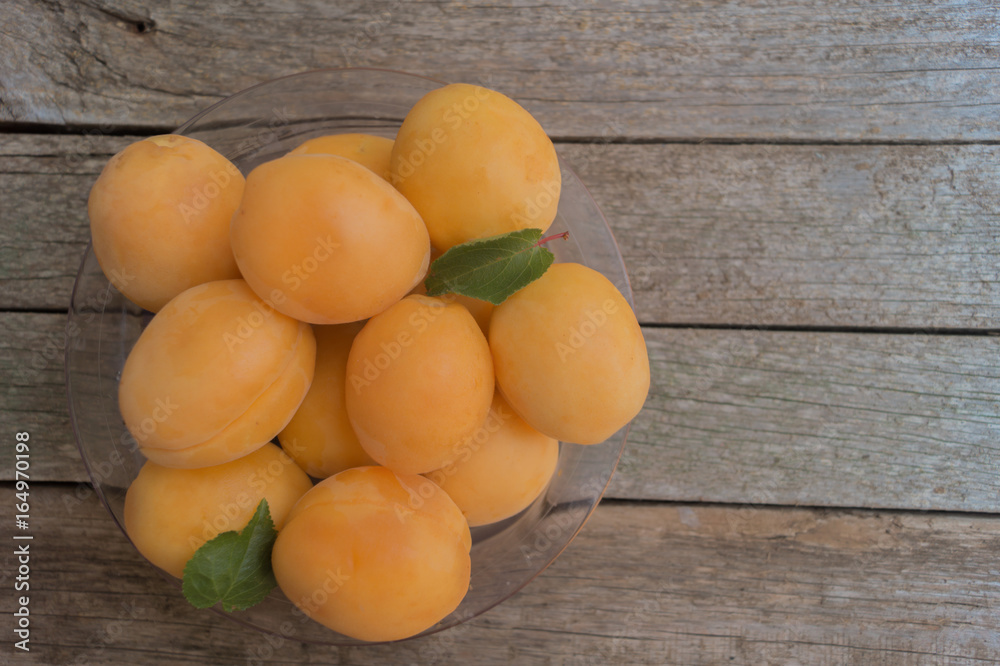Ripe orange apricots in the plastic plate on grey wooden background Ripe orange apricots in the plastic plate on grey wooden background