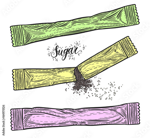 Hand drawn sugar packages. Snack bar sachets isolated on white background. Decorative doodle vector illustration