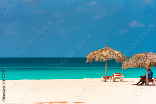 Sandy beach Playa Paradise of the island of Cayo Largo, Cuba. Copy space for text.