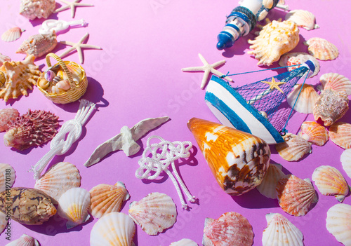 Composition of exotic sea shells, boat, lighthouse, nautical knots, gulls on a purple background. The view from the top. Place for your text.