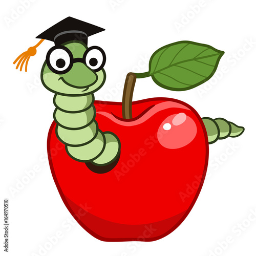 Cute cartoon bookworm in apple