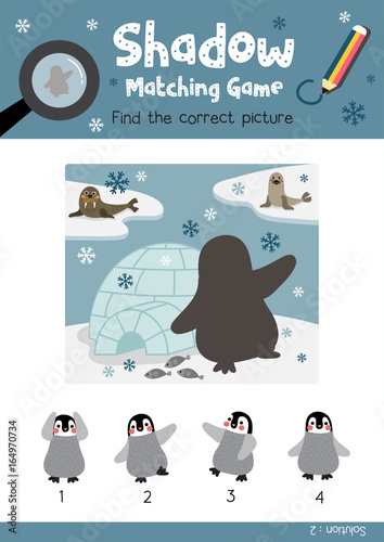 Shadow matching game by finding the correct picture of Funny Penguin and igloo animals for preschool kids activity worksheet colorful printable version layout in A4 vector illustration.
