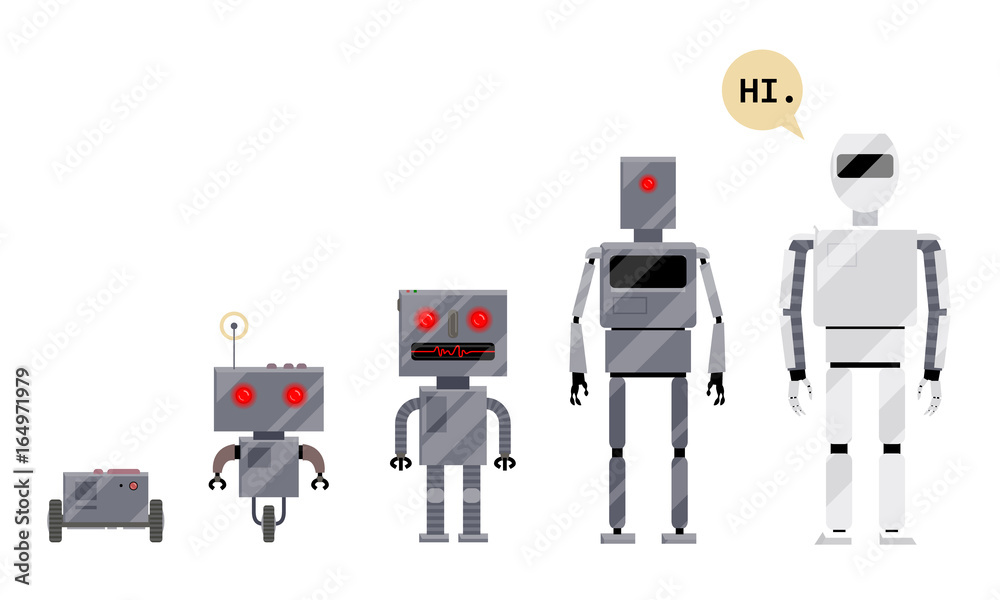 Evolution of robots, stages of android development, cartoon vector illustration isolated on white background. Evolution of robots from simple metal box machinery to modern android, cartoon style set
