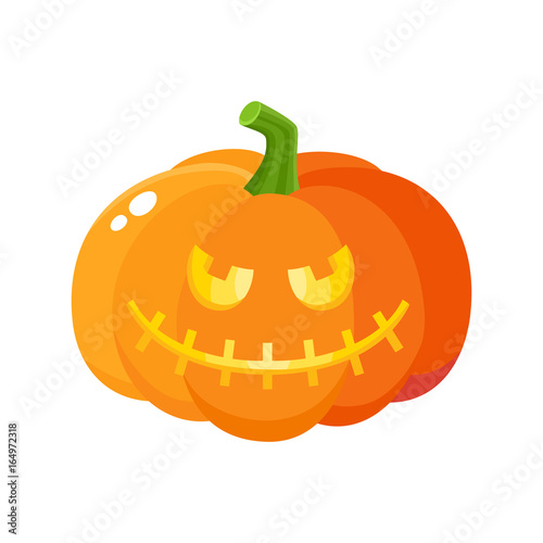 Laughing, grinning pumpkin jack-o-lantern with vampire teeth, Halloween symbol, cartoon vector illustration isolated on white background. Pumpkin lantern with grinning face, Halloween decoration