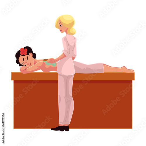 Cosmetician, beautician applying clay mask on young woman back, cartoon vector illustration on white background. Young woman getting clay mask, wrapping in spa salon, lying on massage table, relaxing