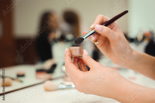 Workplace makeup artist. set of brushes for makeup.