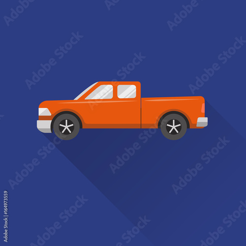 Flat style pickup truck car icon with long shadow