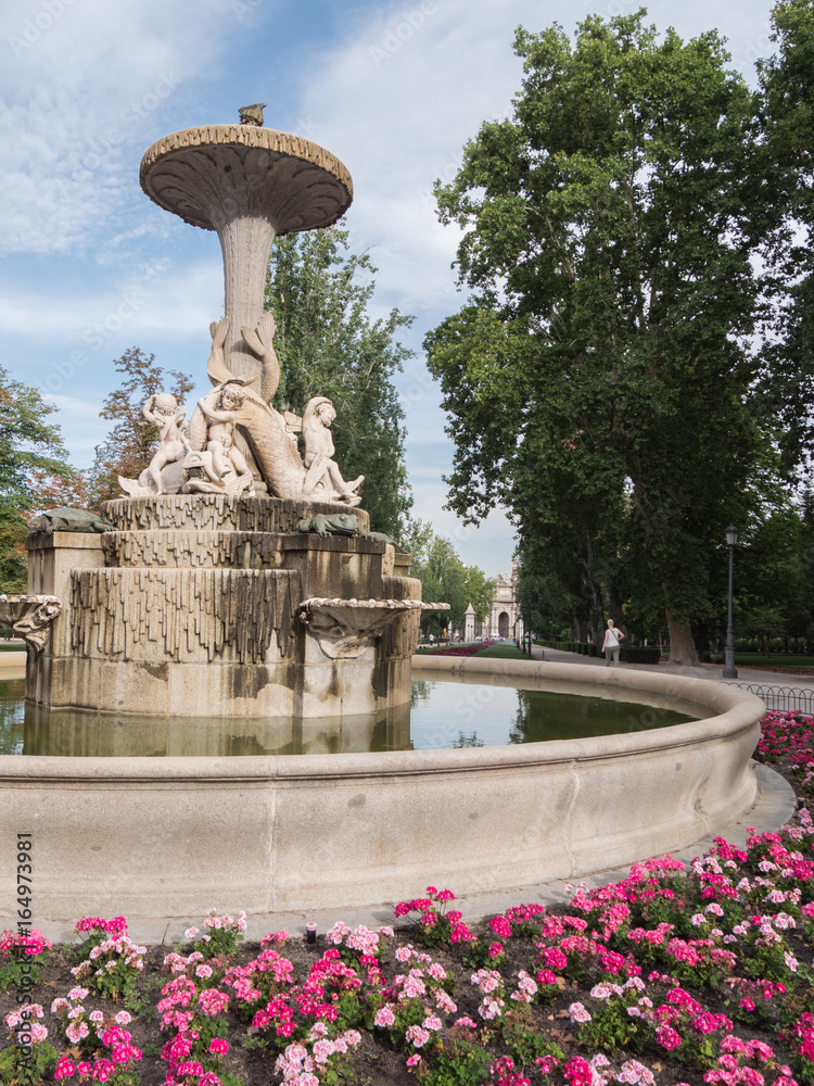 beautiful fountain with flowers in Retiro Parc - Madrid