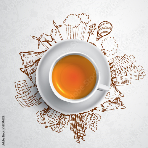 Black tea with circle ecology doodles. Sketched eco elements with cup of green tea, vector illustration